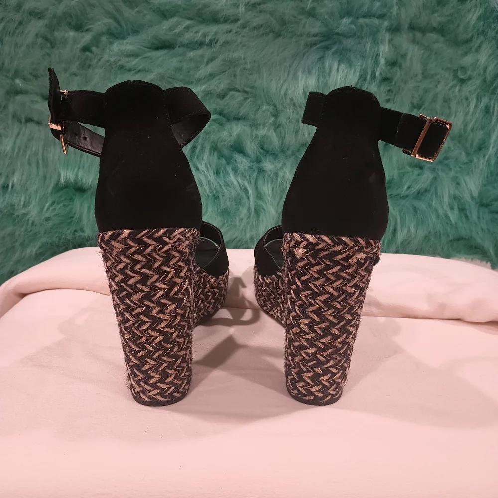 Express Espadrille Black and Tan Open Toe Ankle Strap High Wedge Sandals Size 9